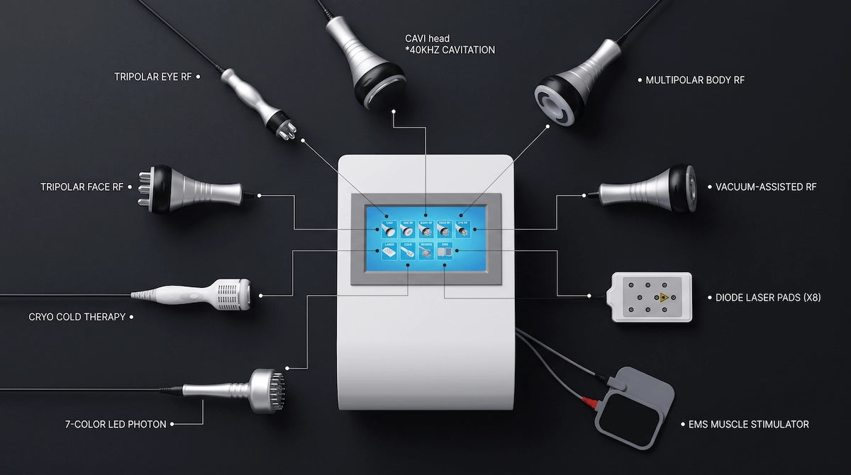 Elevaure 9-in-1 body contouring machine technology hardware breakdown showing main console, touchscreen display, and all 9 treatment handles.