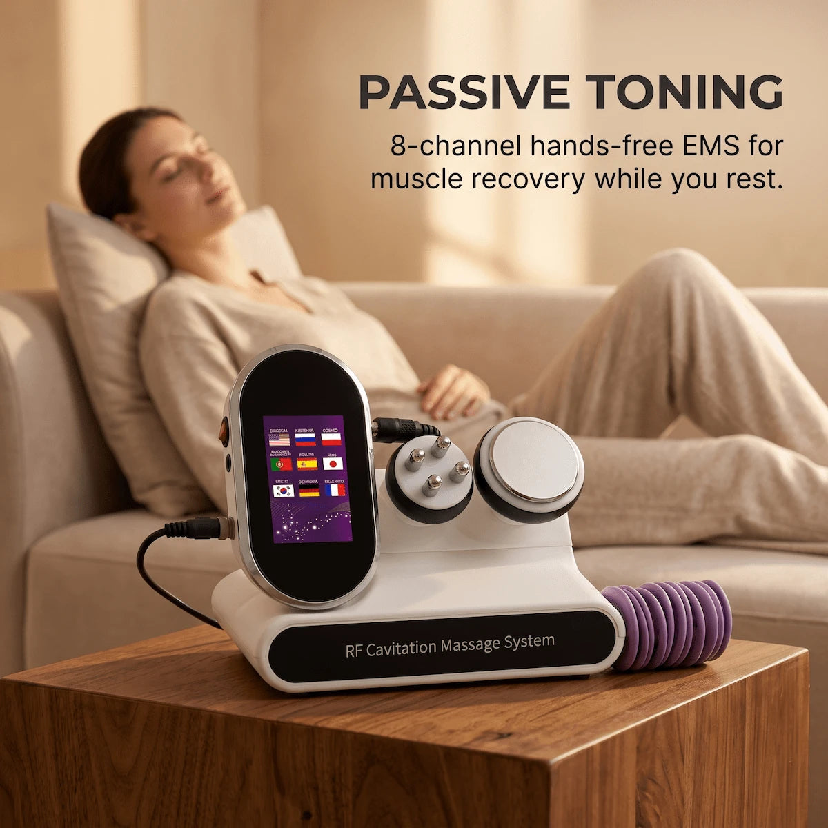 Elevaure body contouring machine on a minimalist nightstand for evening routine.