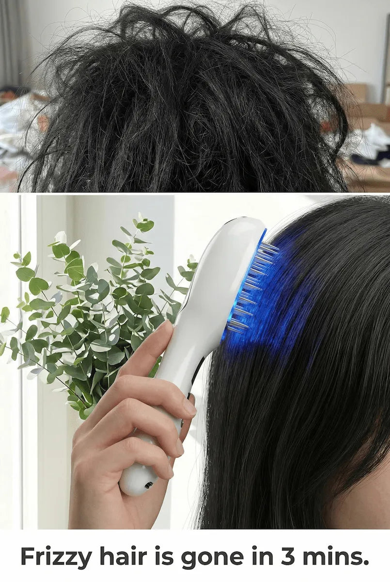 Before and after: frizzy hair transformed to smooth with Elevaure blue LED scalp massage comb in 3 minutes