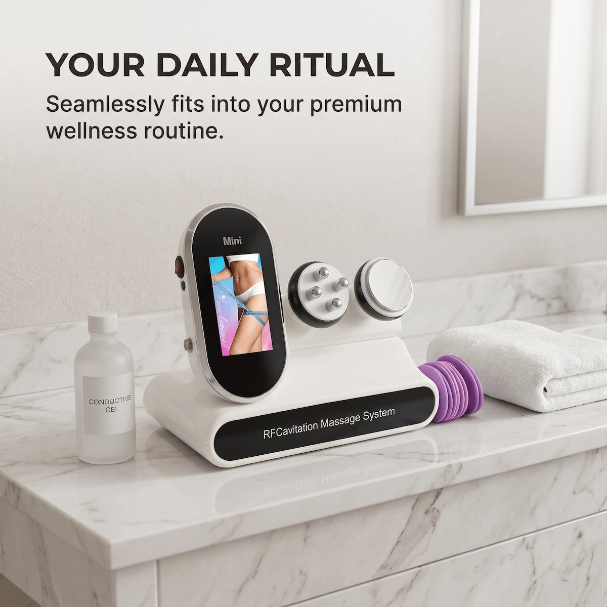 Elevaure RF Cavitation Massage System displayed on a marble bathroom vanity with conductive gel, multipolar RF handpiece, cavitation handpiece, and EMS pads — seamlessly integrated into a premium wellness routine.
