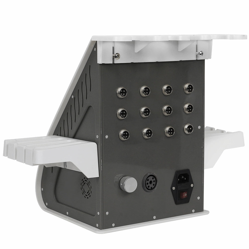 Back panel of the Elevaure body sculpting system showing 12 probe connection ports, power switch, and cooling vents.