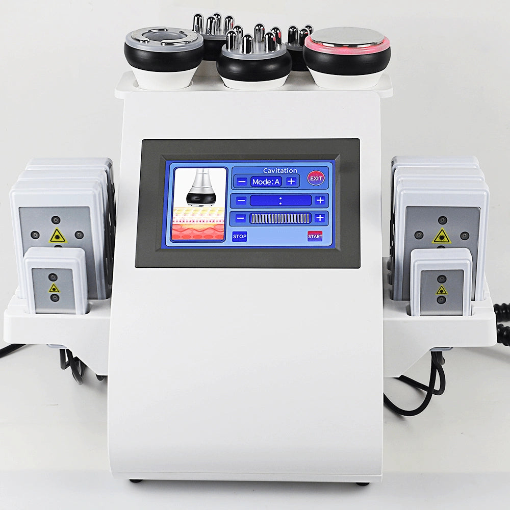 Front view of the Elevaure body sculpting system displaying the cavitation mode selection screen with laser pad accessories.