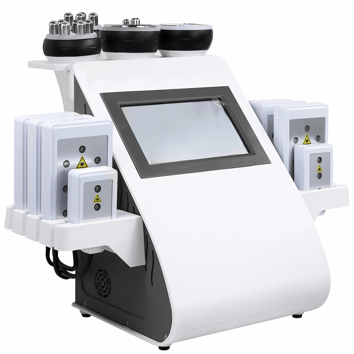 Front view of the Elevaure body sculpting system with laser pad accessories docked on both sides and touchscreen interface.