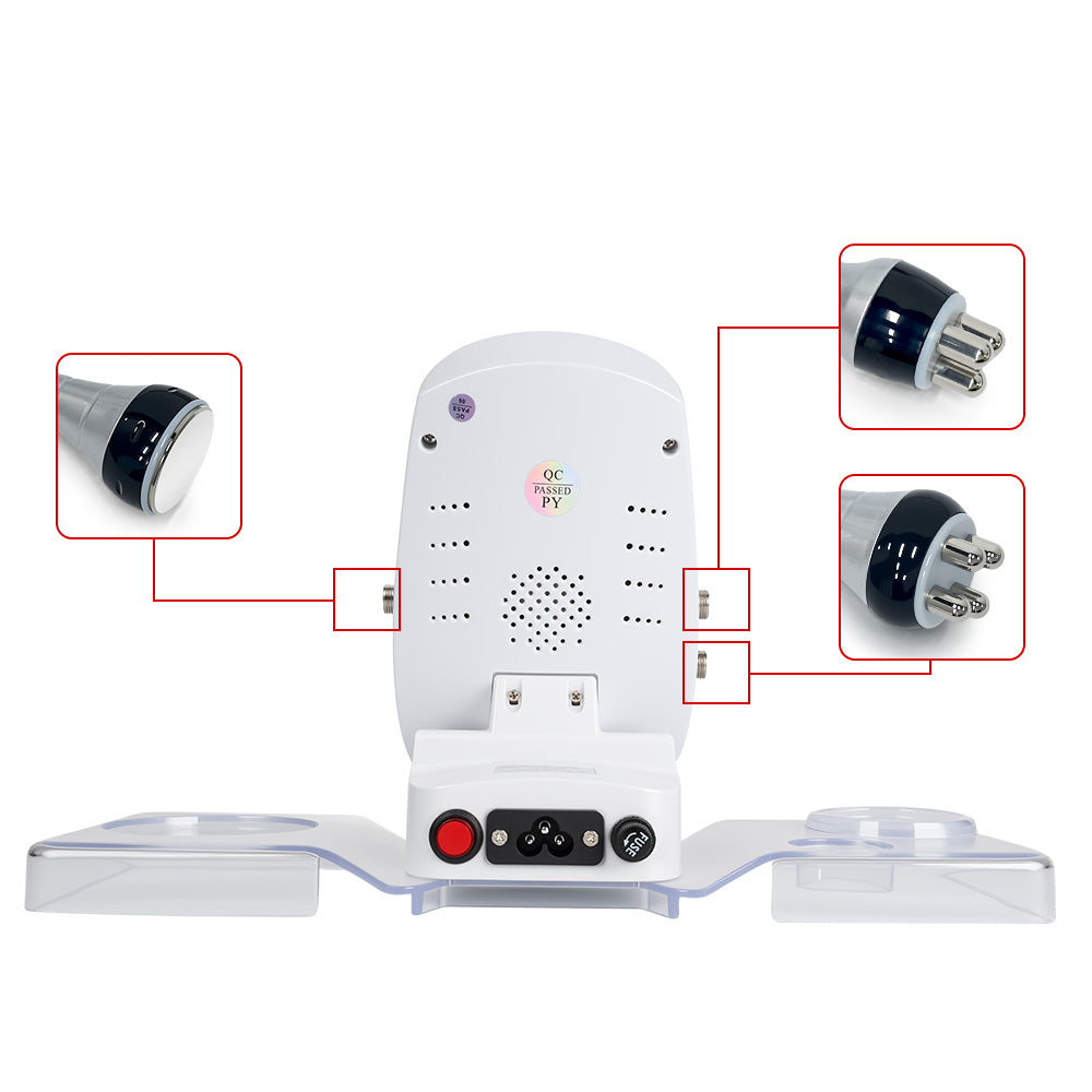 Back panel of the Elevaure body contouring device detailing the power switch and probe connection ports.