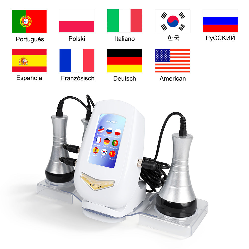 Elevaure cavitation machine touchscreen interface displaying multiple language options and country flags.