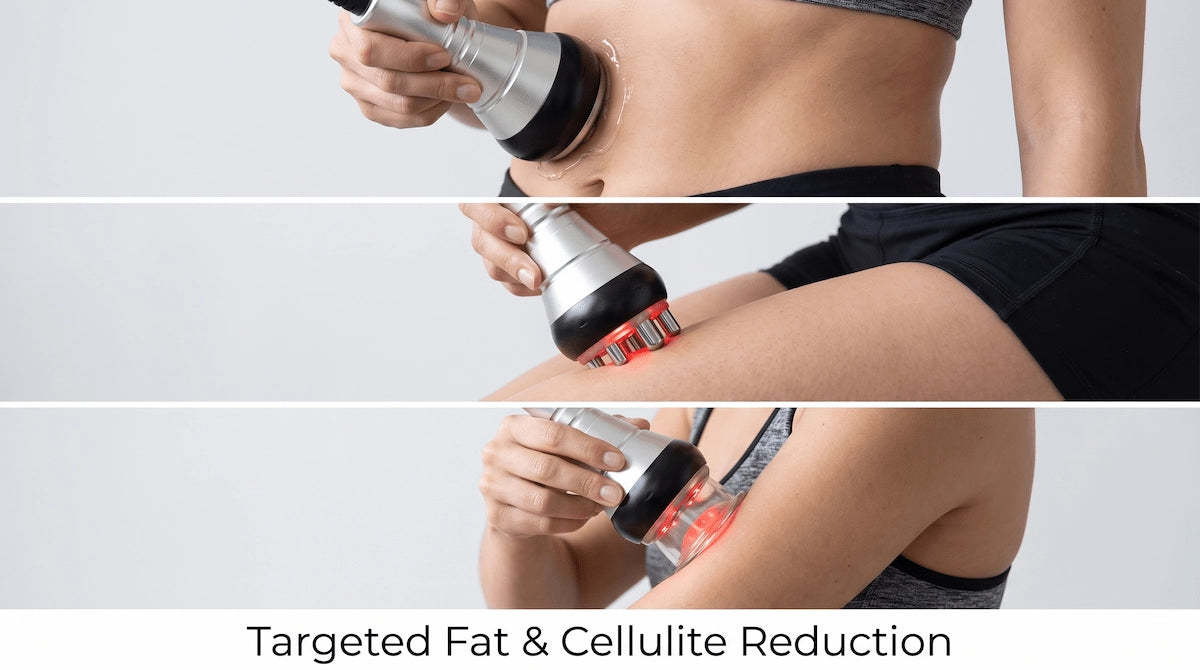 Three-panel showing Elevaure RF body handle applied to abdomen, outer thigh, and inner thigh for targeted fat reduction and cellulite treatment.