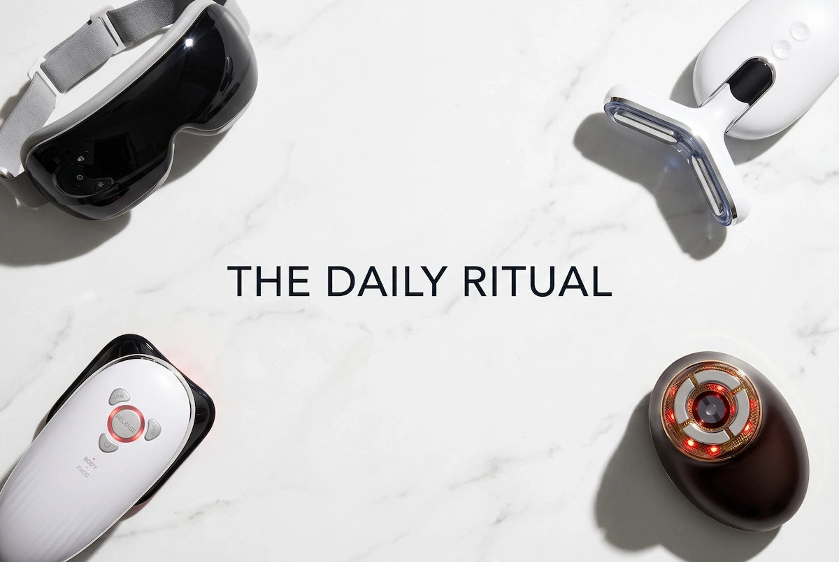 ELEVAURE complete at-home wellness routine — editorial flatlay of all devices in the collection