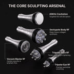 Elevaure core sculpting handles: 40KHz cavitation, sextupole body RF, vacuum bipolar RF, tripolar face RF, and tripolar eye RF for targeted fat disruption, collagen synthesis, and facial contouring.