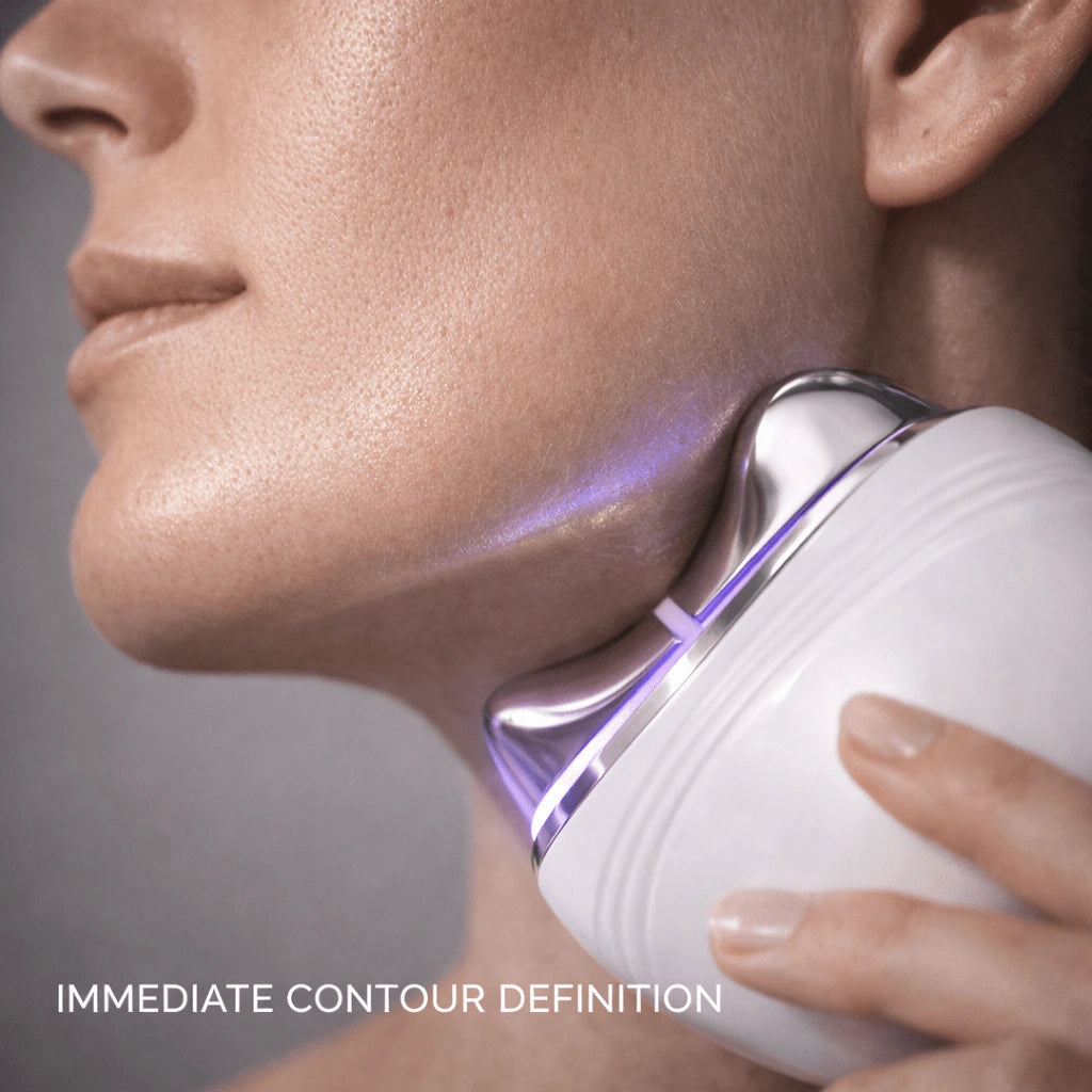 Elevaure device delivering immediate contour definition along the jawline and neck with blue light therapy