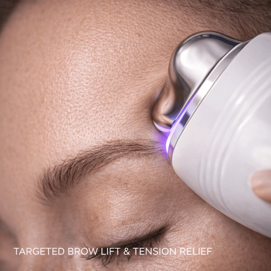 Elevaure device targeting brow lift and tension relief around the eye area with precision blue light