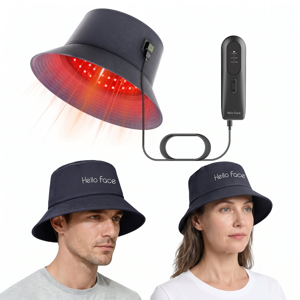 Unisex wearable red light therapy hat featuring dual 660nm and 850nm wavelengths with smart 20-minute controller.