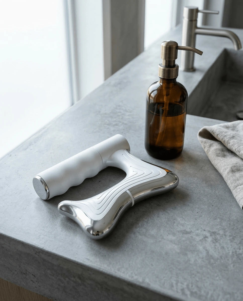 Elevaure heated fascia scraper on bedside table for nighttime muscle recovery