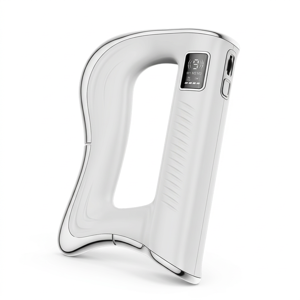 Elevaure electric fascia scraper massager with heat and vibration in pearl white with chrome trim and LED display on white background.