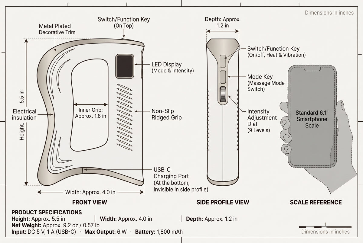 Flat-lay unboxing photo showing everything included with the Elevaure Electric Fascia Scraper Massager: the handheld massager unit, a USB-A to USB-C charging cable, and the user manual.