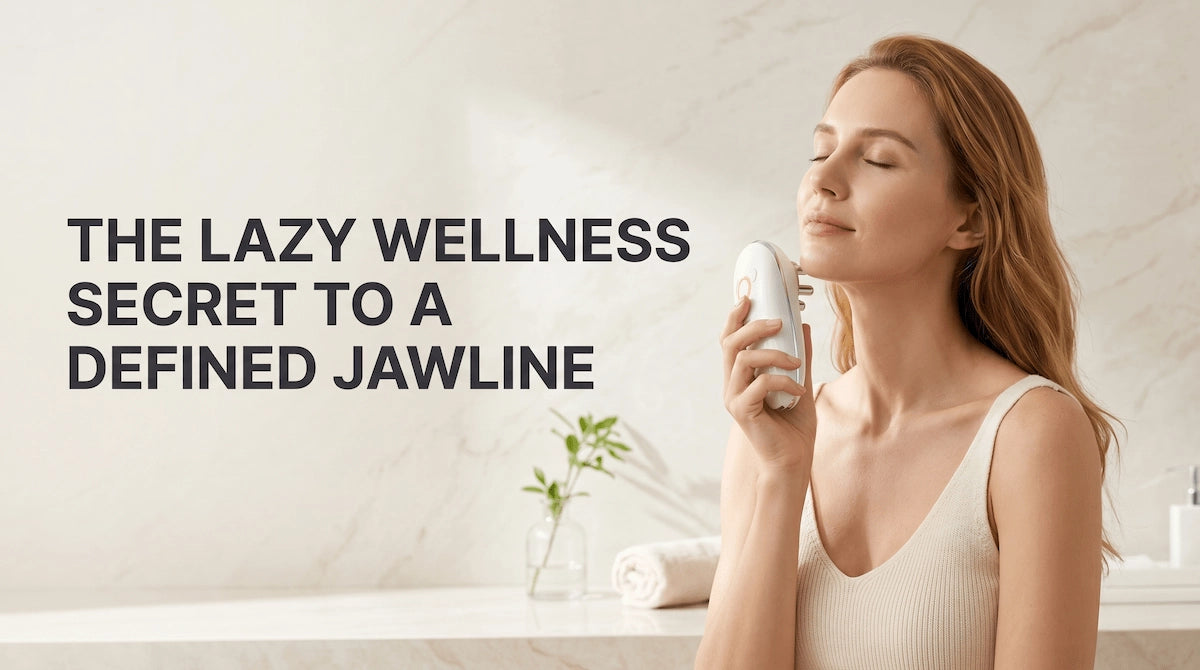 ELEVAURE EMS jawline definition device used in Face Mode without suction cup, delivering microcurrent stimulation to tone facial muscles, define the jawline, and reduce sagging skin.