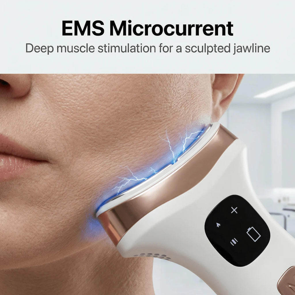 Elevaure EMS microcurrent jawline lifting tool in use