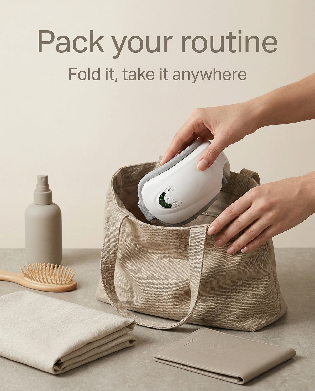 Foldable elevaure heated eye massager being packed into tote bag