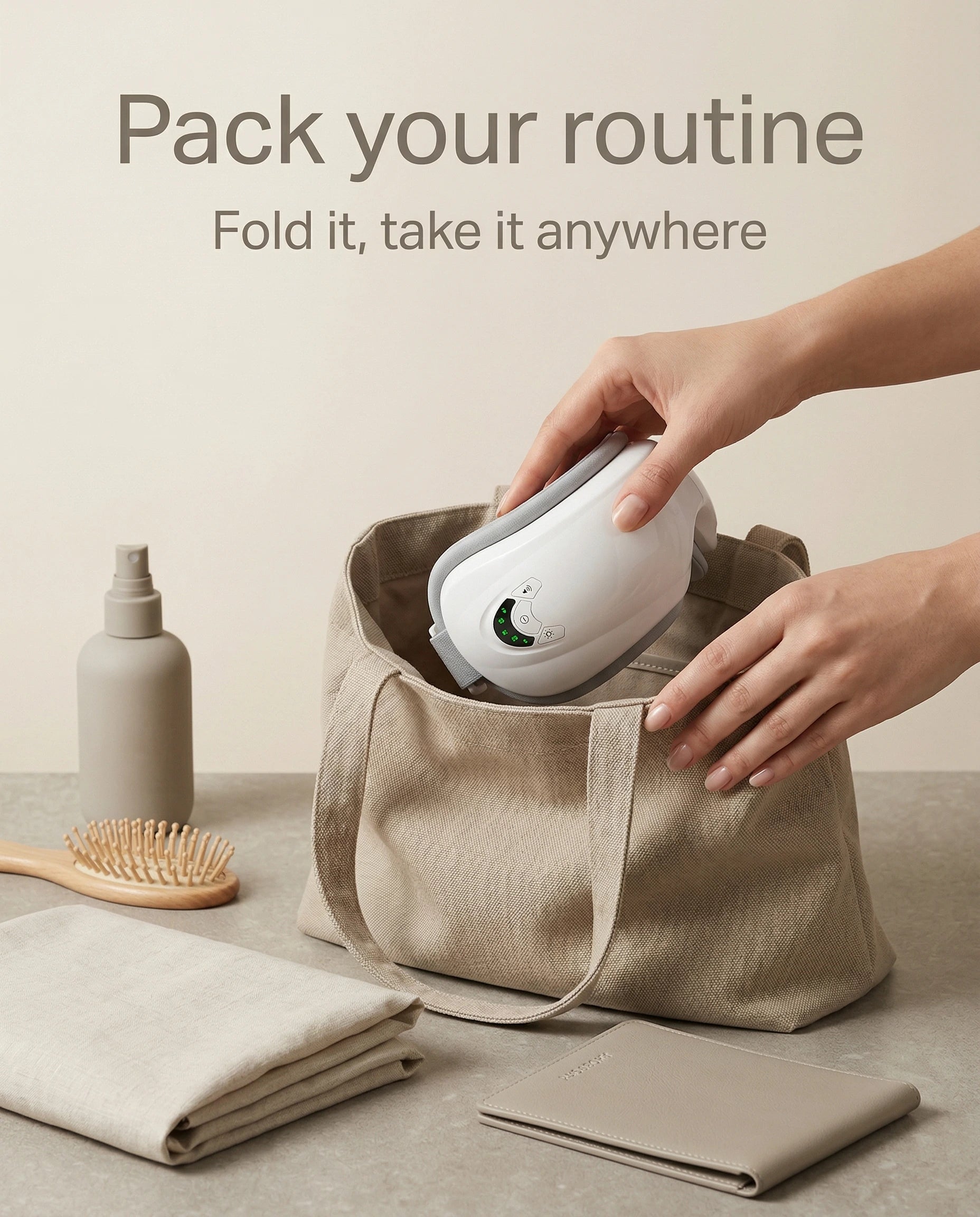 Foldable elevaure heated eye massager being packed into tote bag