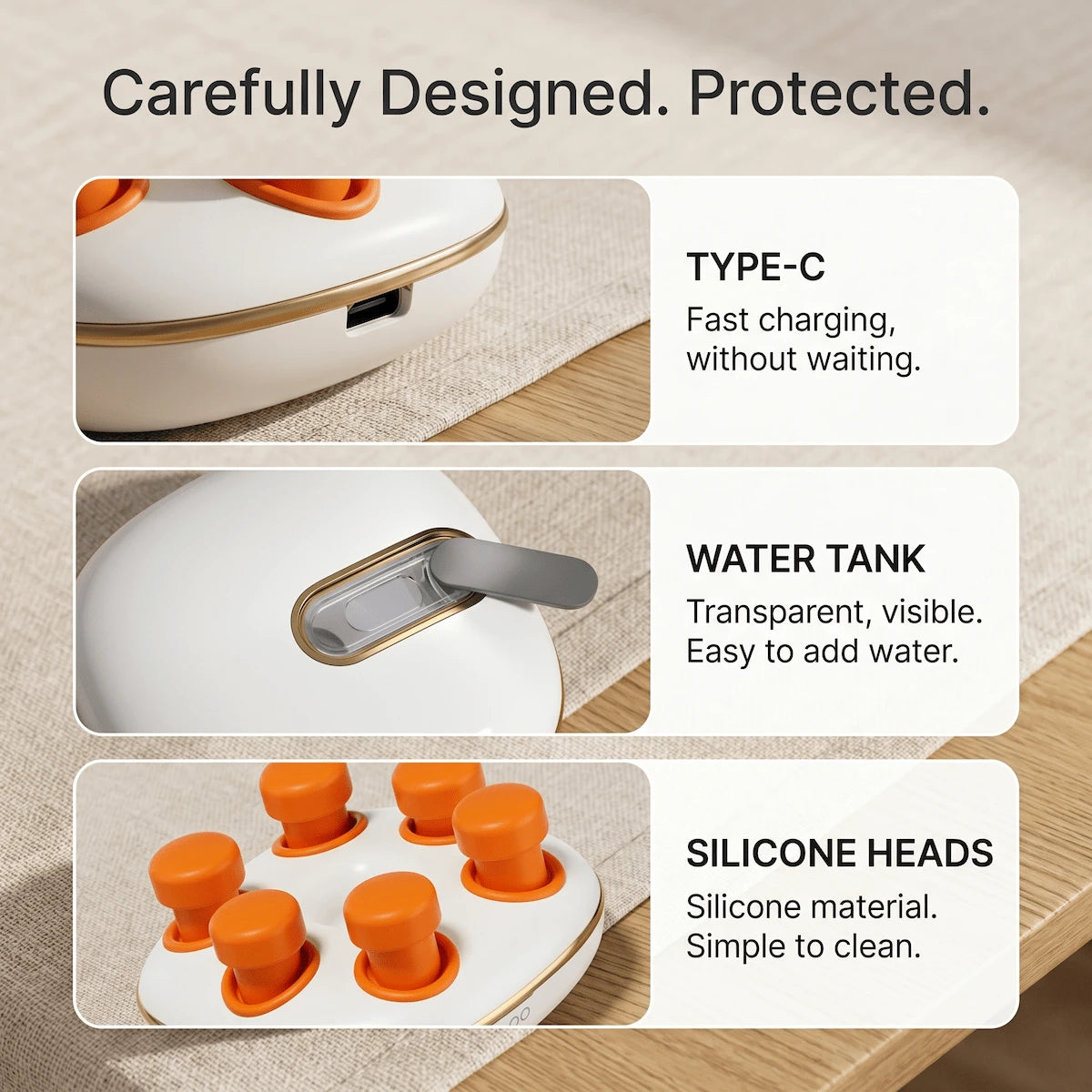 Close-up details of the Elevaure eye care device, featuring its fast-charging Type-C port, a transparent built-in water tank for the misting function, and soft medical-grade silicone acupressure nodes.