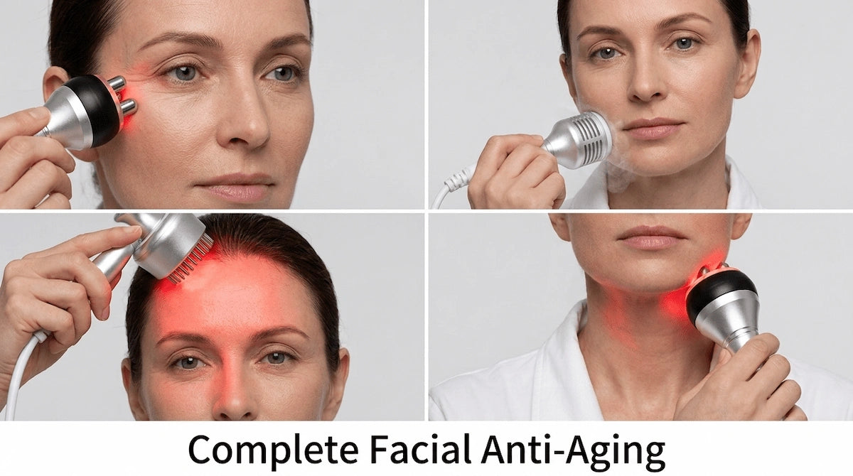 Four-panel demonstration of Elevaure tripolar face RF and LED photon therapy handles applied to cheeks, jaw, forehead, and neck for complete facial anti-aging treatment.