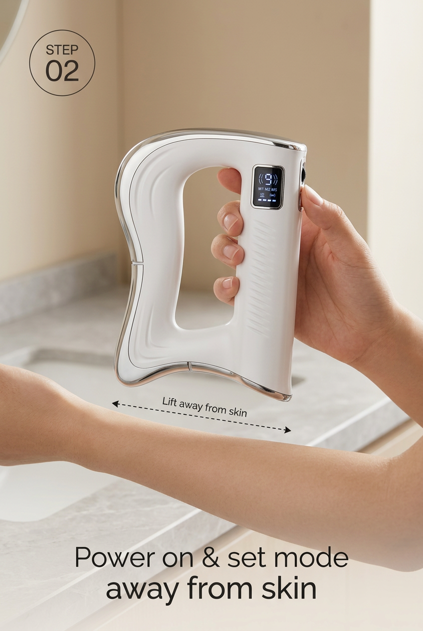 Step 2: Holding the Elevaure Electric Fascia Scraper away from the skin while adjusting the thumb intensity dial and checking the LED display.