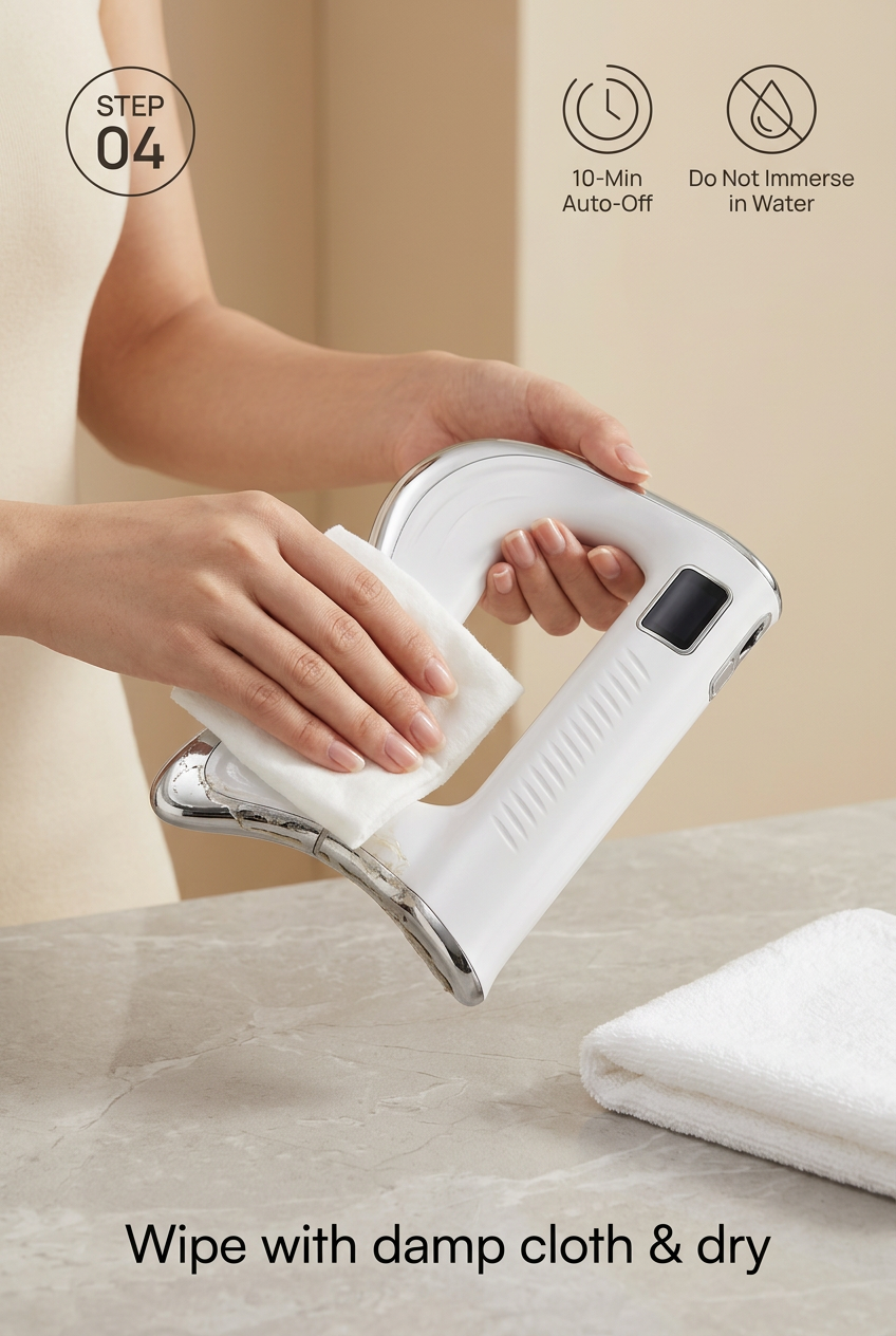 Step 4: Wiping residual hydrogel off the Elevaure fascia scraper head with a soft cloth after the 10-minute session.
