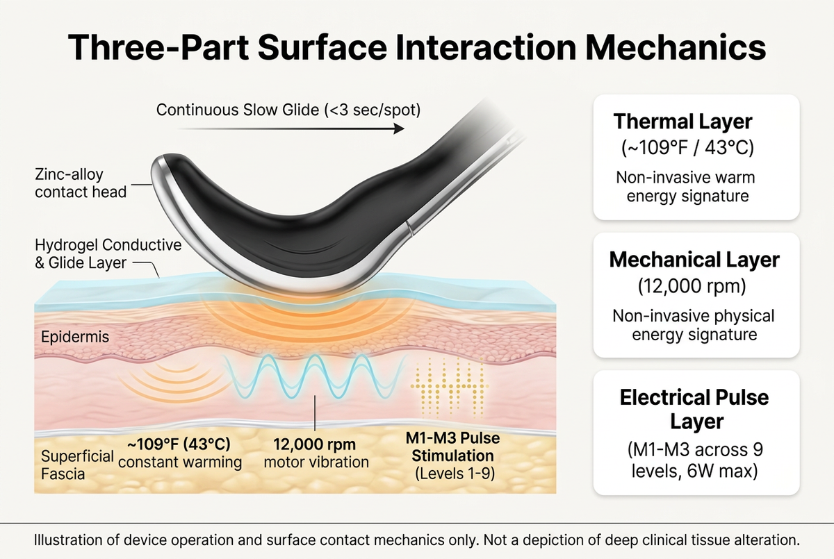 Scientific mechanism diagram illustrating how the Elevaure Electric Fascia Scraper Massager combines a hydrogel glide layer, 109°F surface warmth, 12,000 rpm motor vibration, and M1 to M3 pulse modes across the skin contour.