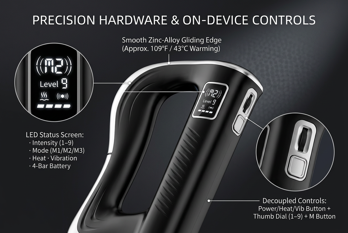 Macro hardware close-up of the Elevaure Electric Fascia Scraper Massager highlighting its curved zinc-alloy contact head, side intensity thumb dial, mode button, and illuminated LED status screen.