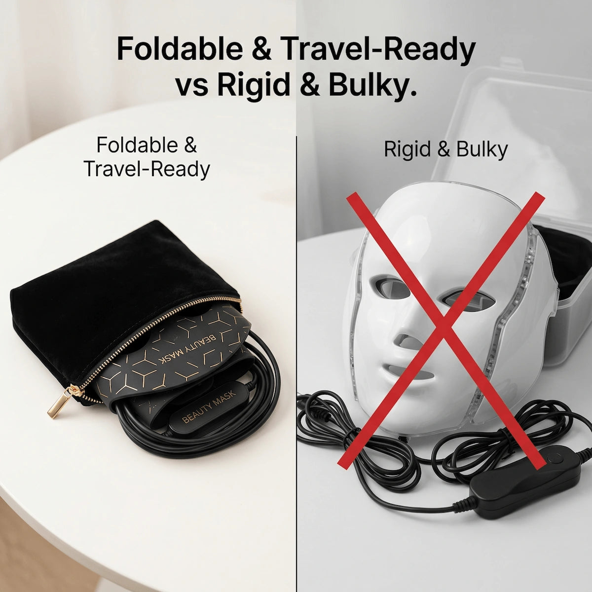 A side-by-side comparison showing the foldable Elevaure silicone mask neatly packed versus a bulky rigid plastic mask.