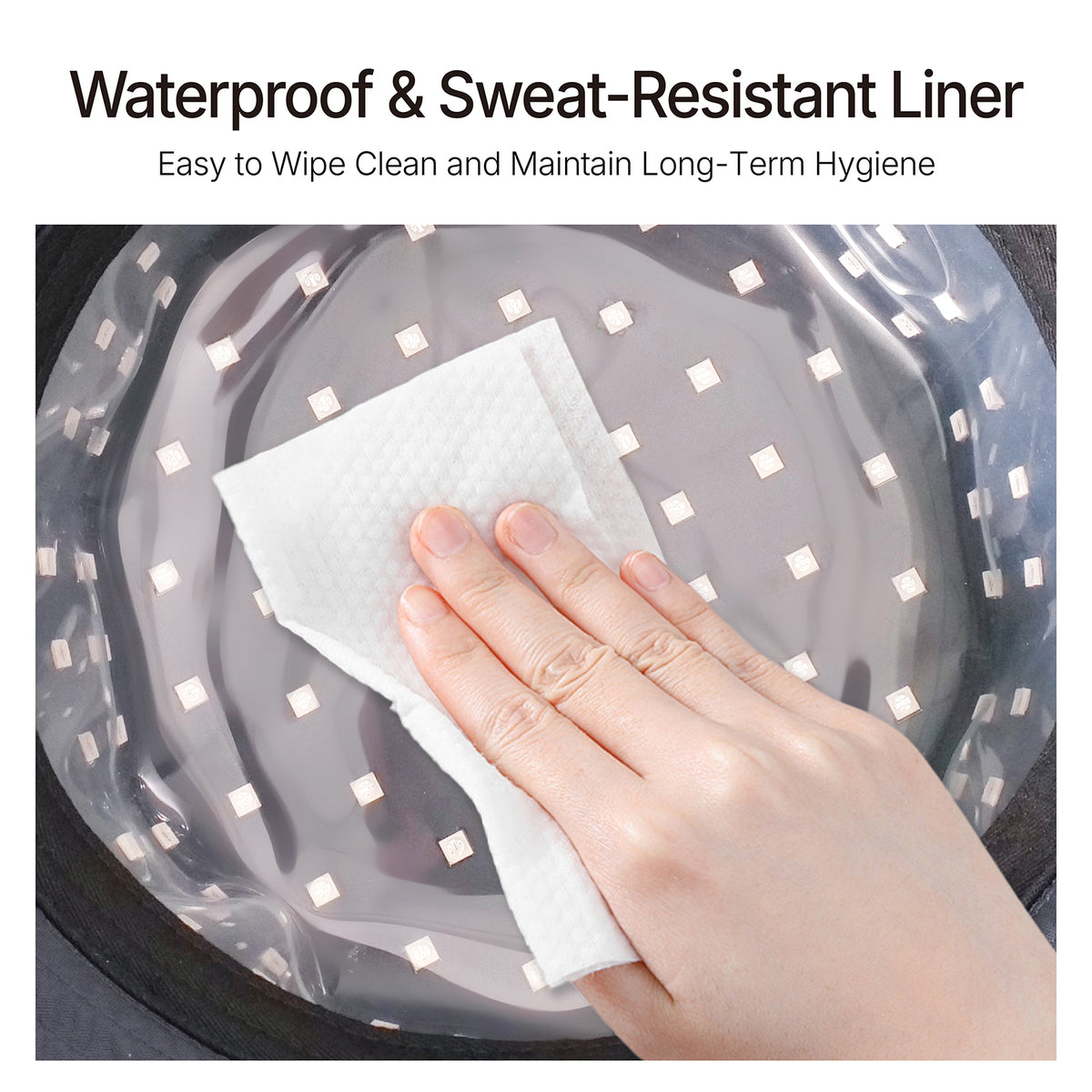 Demonstration of wiping clean the IP22 drip-resistant inner LED liner of ELEVAURE hair growth cap for easy hygienic maintenance