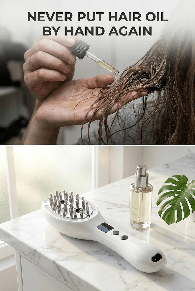 Comparison: manual hair oil dropper application vs Elevaure scalp comb with serum bottle — direct root delivery
