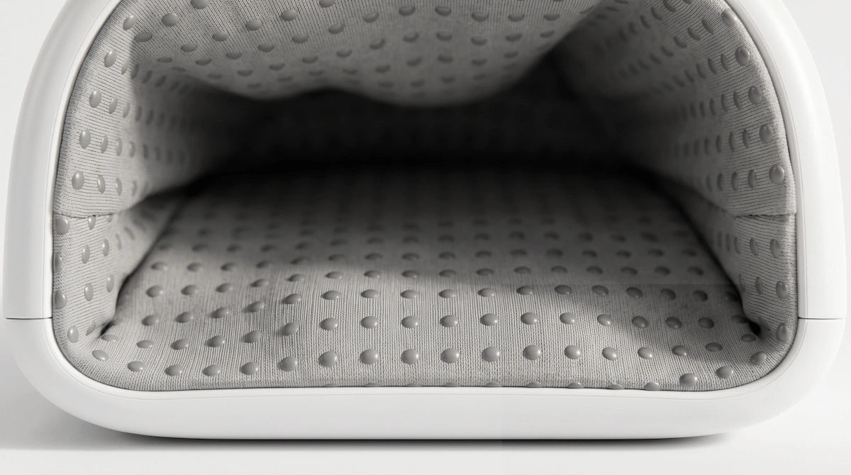 Macro texture closeup of the antibacterial fabric inside the Elevaure hand massager.