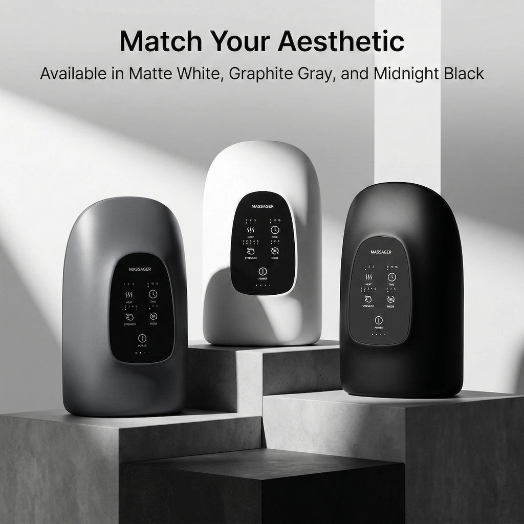 The Elevaure smart heated hand massager displayed in premium minimalist color variations.