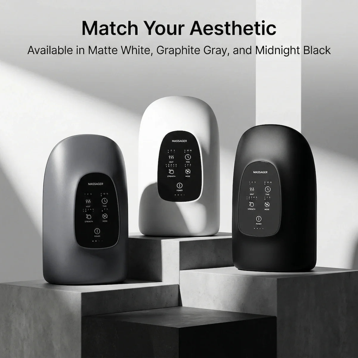 The Elevaure smart heated hand massager displayed in premium minimalist color variations.