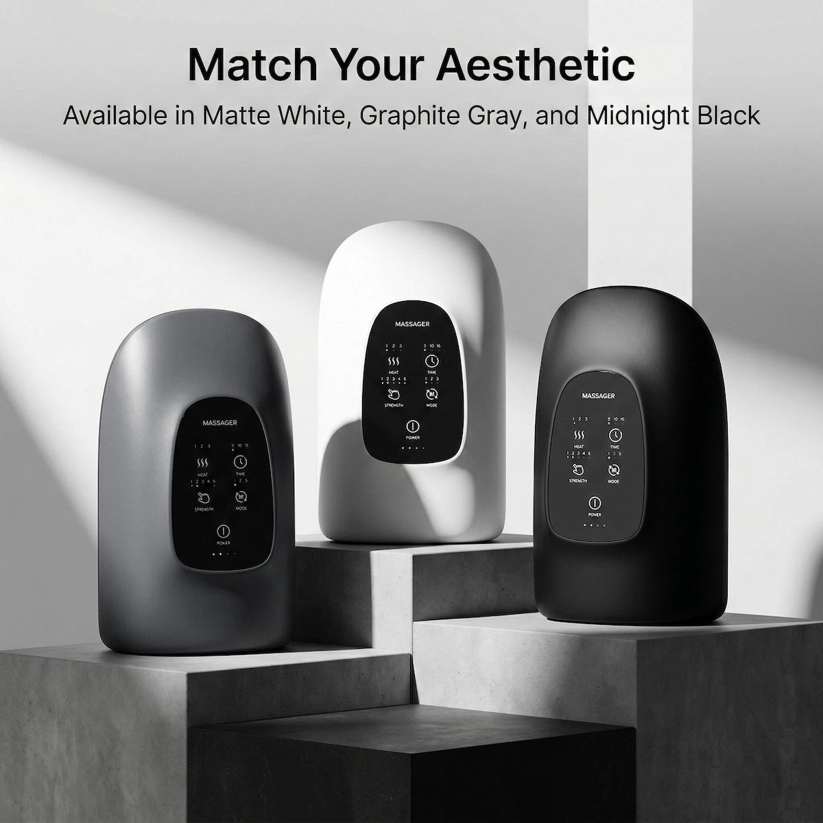 The Elevaure smart heated hand massager displayed in premium minimalist color variations.