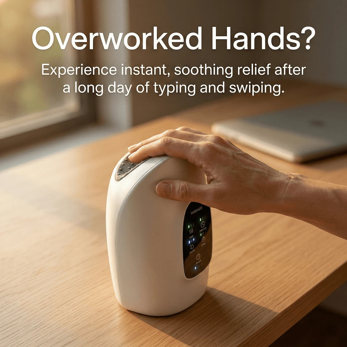 A professional using the Elevaure hand massager at a desk to relieve tension and joint stiffness from prolonged typing.
