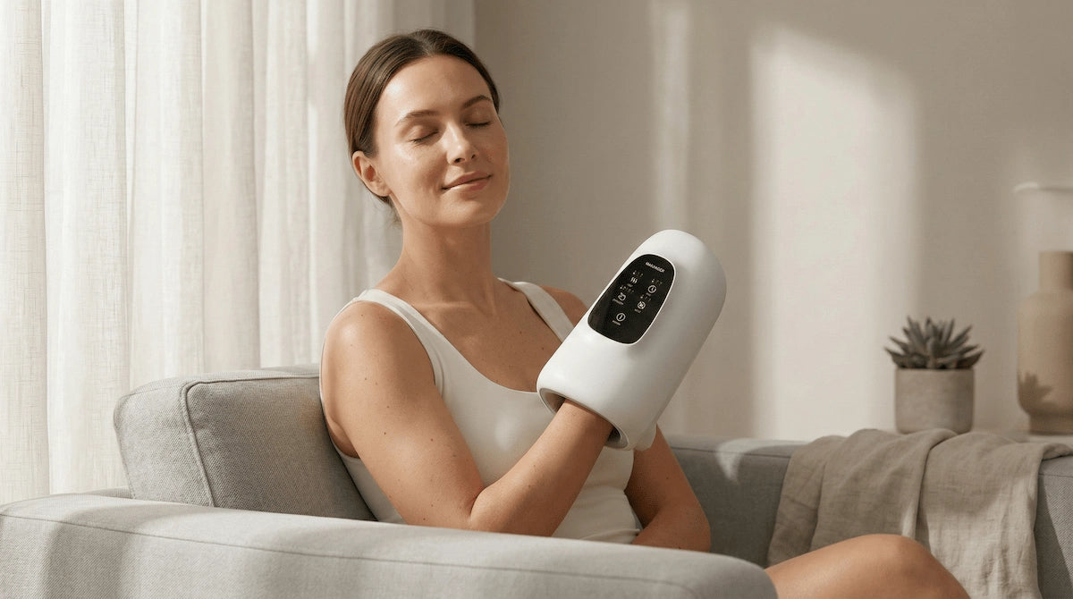 Woman relaxing on a sofa with eyes closed, using the Elevaure hand massager at home in soft natural light
