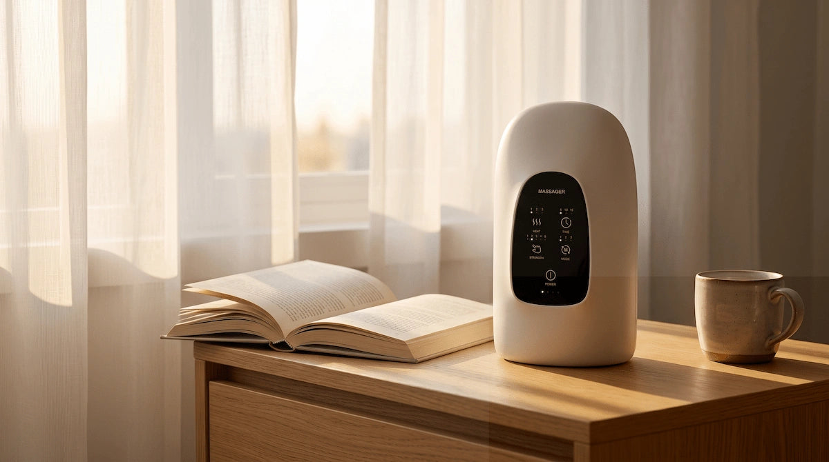 Elevaure cordless hand massager on a minimalist wooden bedside table in morning light.