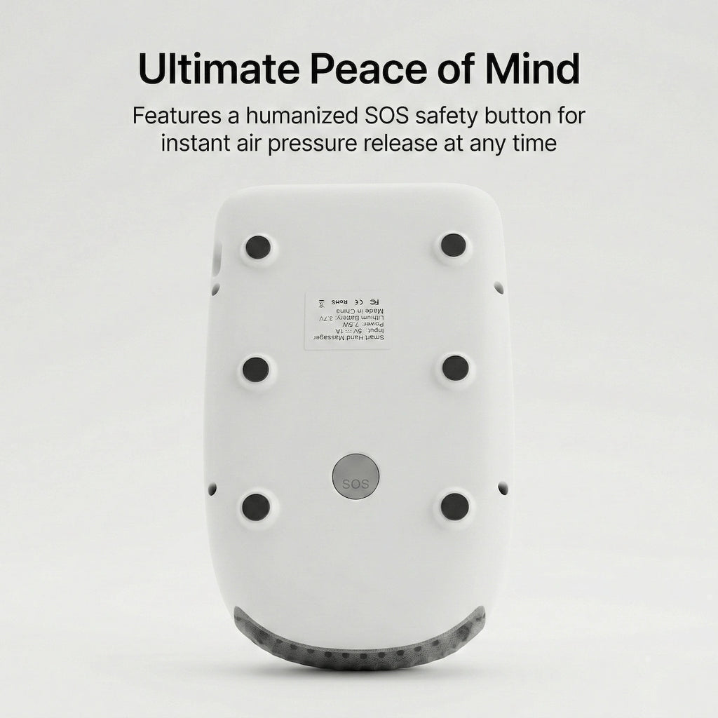 The bottom view of the Elevaure hand massager showcasing the humanized SOS safety button for instant air pressure release.