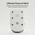 The bottom view of the Elevaure hand massager showcasing the humanized SOS safety button for instant air pressure release.