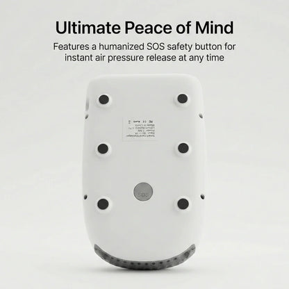 The bottom view of the Elevaure hand massager showcasing the humanized SOS safety button for instant air pressure release.