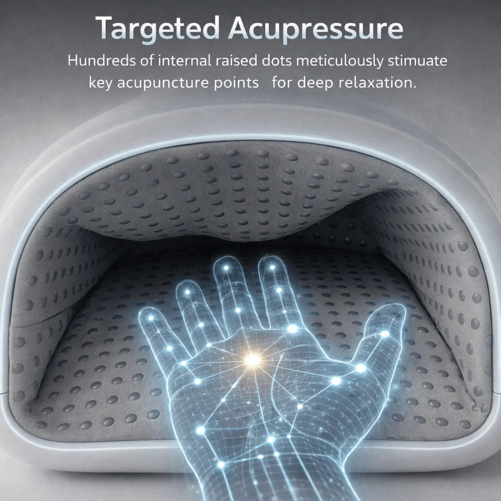 An X-ray style infographic showing how the Elevaure massager precisely stimulates key acupuncture points on the hand.