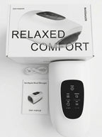 Complete unboxing kit of the Elevaure intelligent hand massager, including the device, user manual, and USB-C charging cable.
