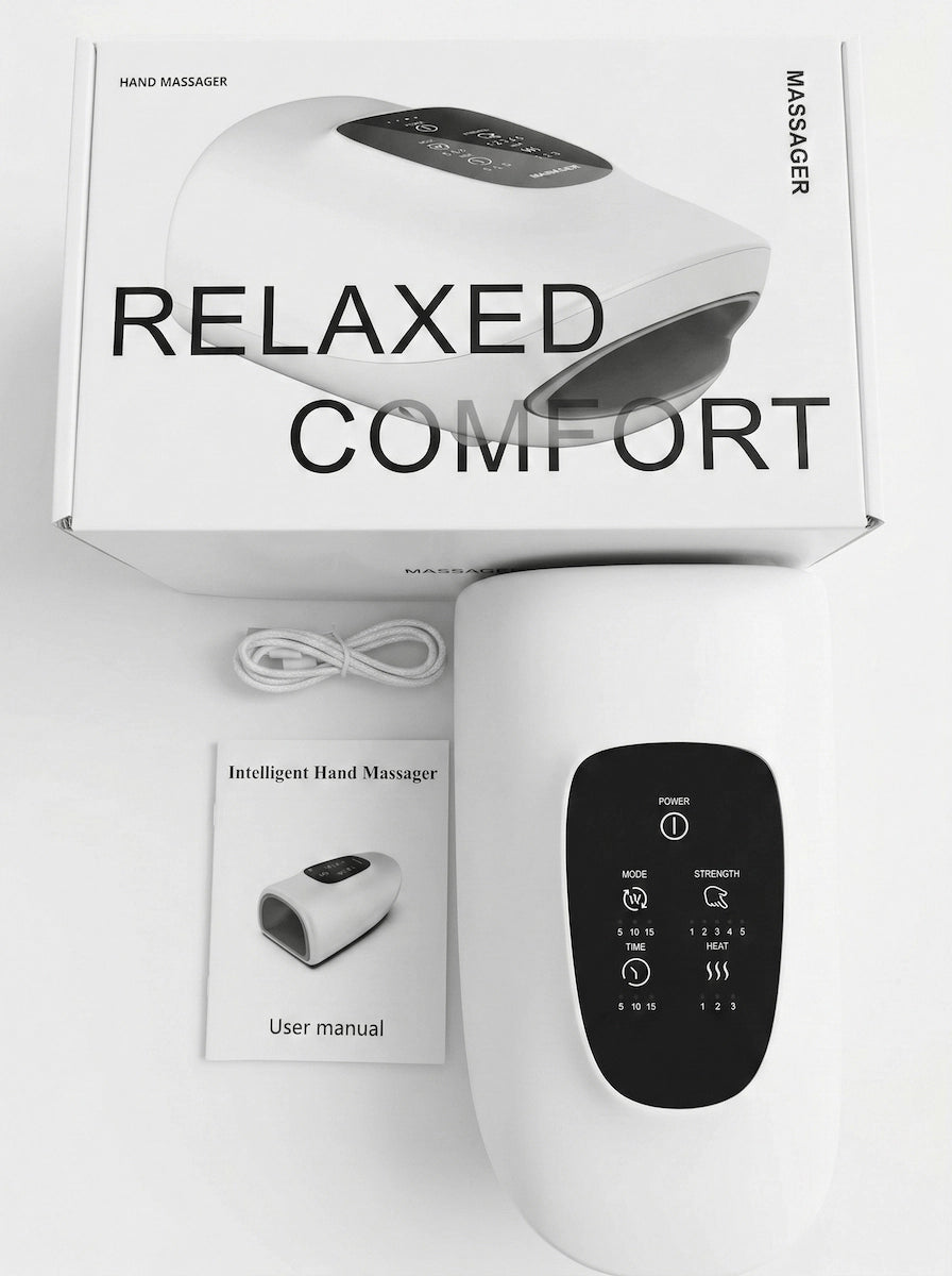 Complete unboxing kit of the Elevaure intelligent hand massager, including the device, user manual, and USB-C charging cable.