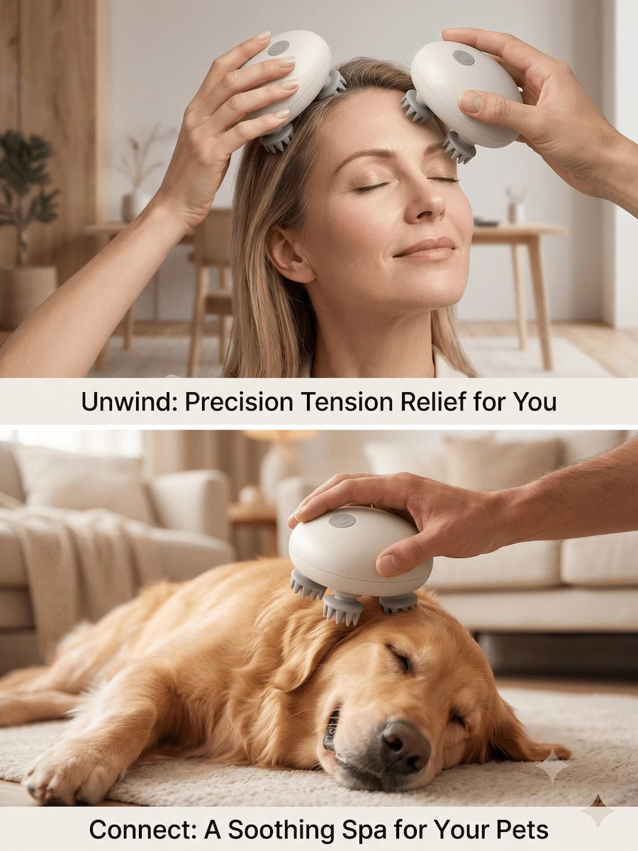 Woman relaxing with ELEVAURE head massager alongside her dog