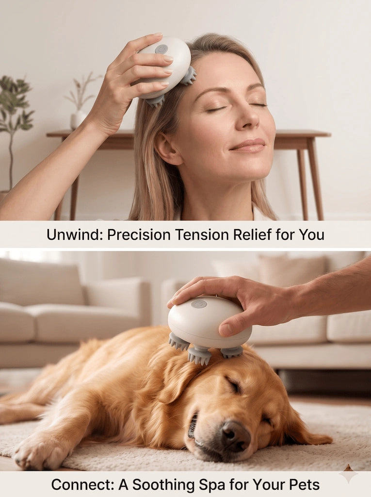 Woman relaxing with ELEVAURE head massager alongside her dog