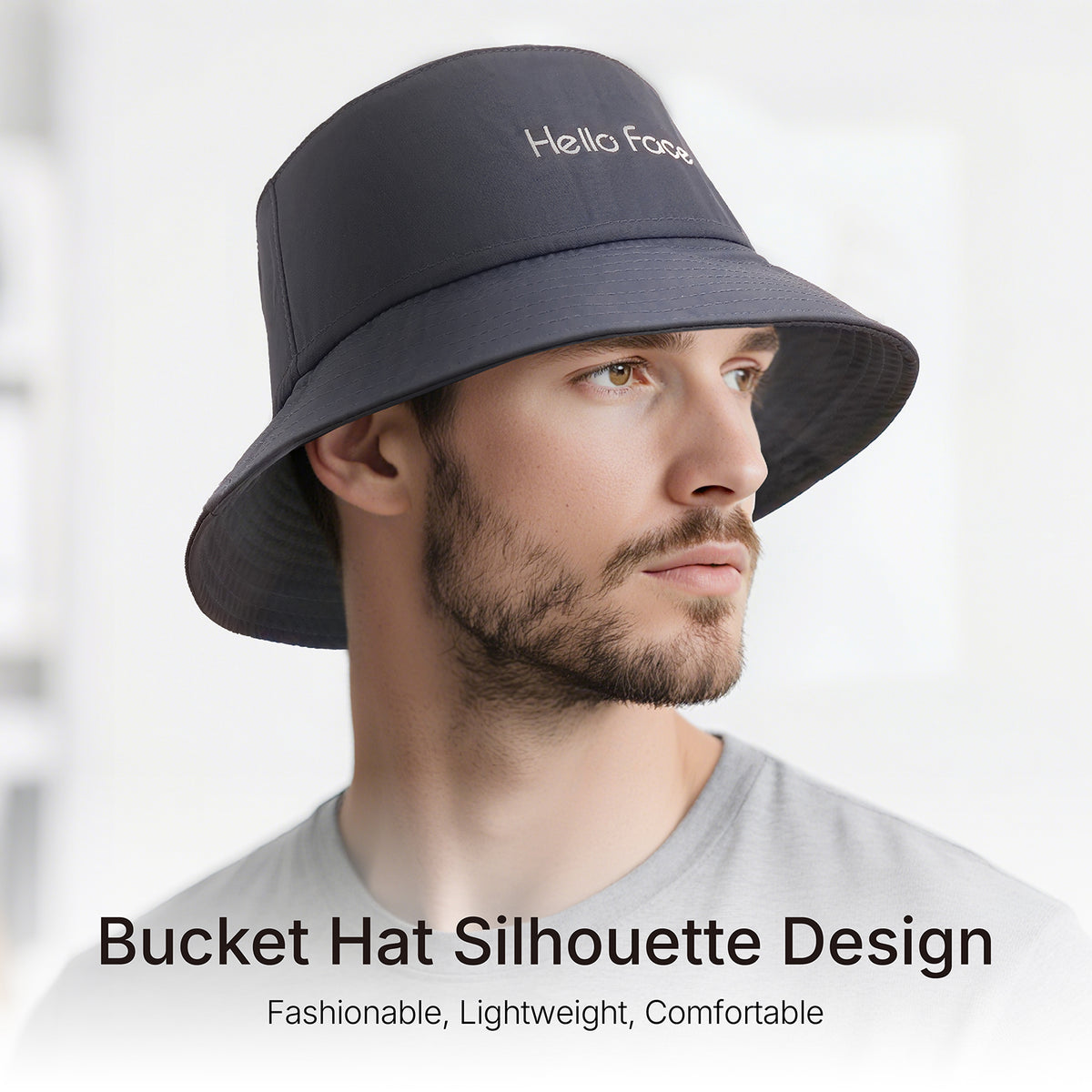Side angle of model wearing black tailored bucket hat style hair growth system