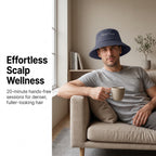 Hands-free 20-minute at-home scalp wellness ritual using ELEVAURE red light therapy cap while relaxing on a sofa.