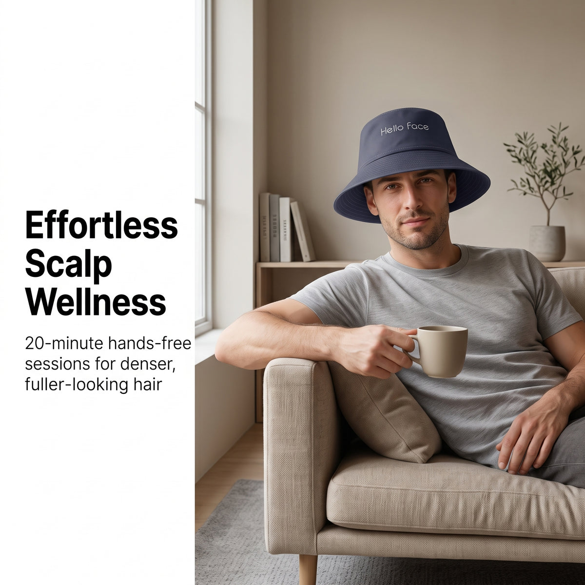 Hands-free 20-minute at-home scalp wellness ritual using ELEVAURE red light therapy cap while relaxing on a sofa.