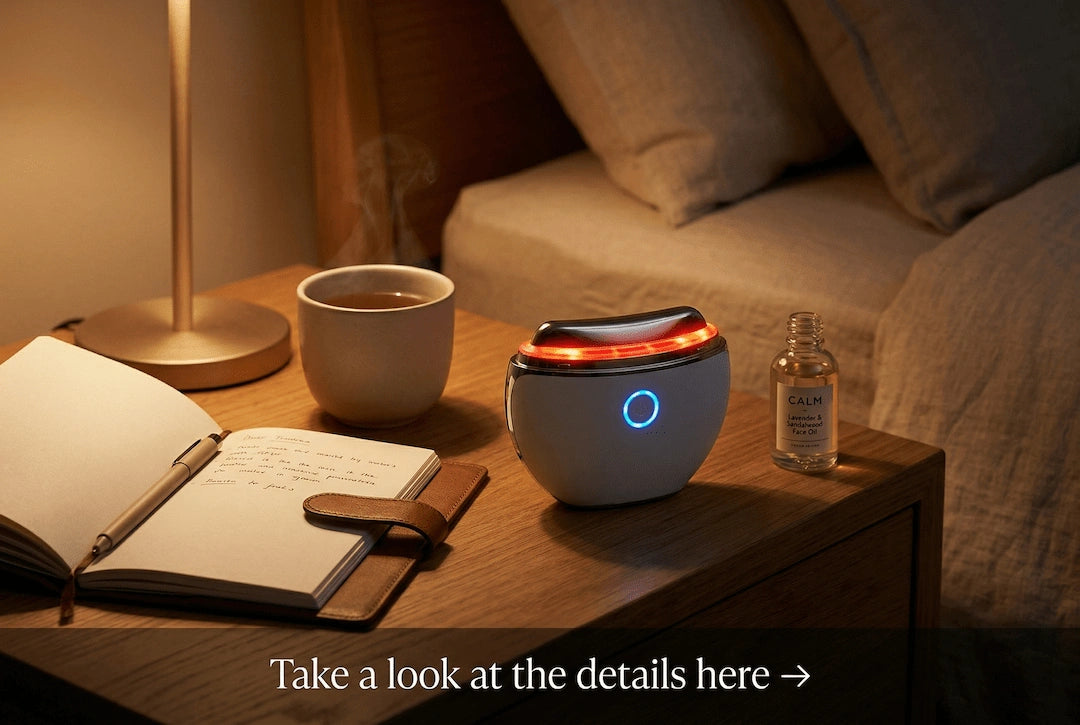 Smart Heated Gua Sha Massager on a bedside table showing LED light modes for evening skincare routine